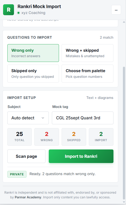 Rankri Mock Import panel: choose wrong only, wrong plus skipped, skipped only or pick from the palette, set subject and mock tag, then import to Rankri.